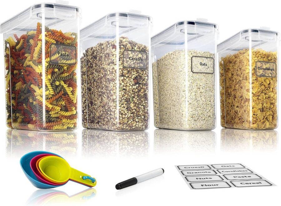 Grote set voorraaddozen (4 x 4 l) voor muesli voorraaddozen en vershouddozen BPA-vrij kunststof voorraaddozen luchtdicht luchtdichte containers (zwart)
