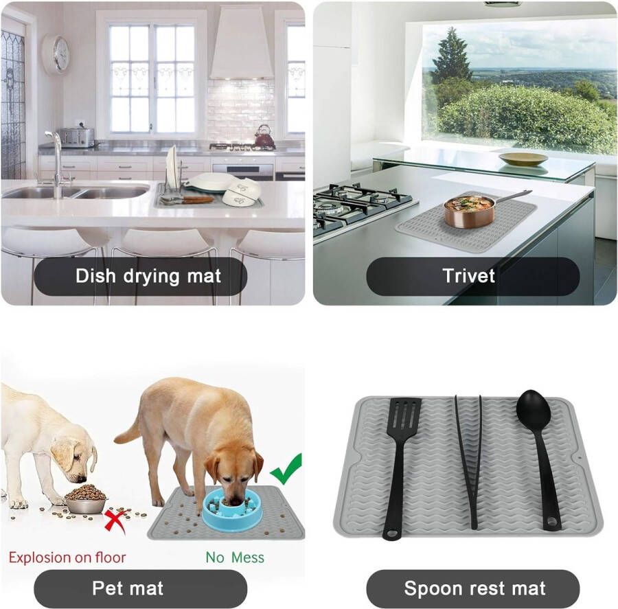 Grote Siliconen Afdruipmat met een Multifunctionele Siliconen Spons Scrubber Hittebestendige Onderzetter Servies Droogmat Antislip Spoelbakmat van Silicone (Grijs 40 x 30 cm)
