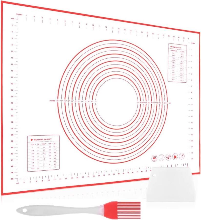 Grote siliconen bakmat 80 x 60 cm siliconen mat antislip anti-aanbaklaag bakonderlegger met meting voor fondant gebak pizza BPA-vrij rood + schraper