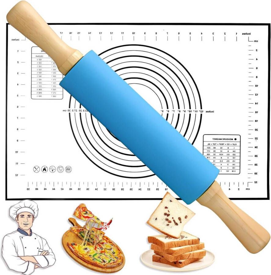 Grote siliconen deegroller met bakmat Bakaccessoires met houten handvat voor ouder-kind-huisbakken Voor pizza deeg en koekjes