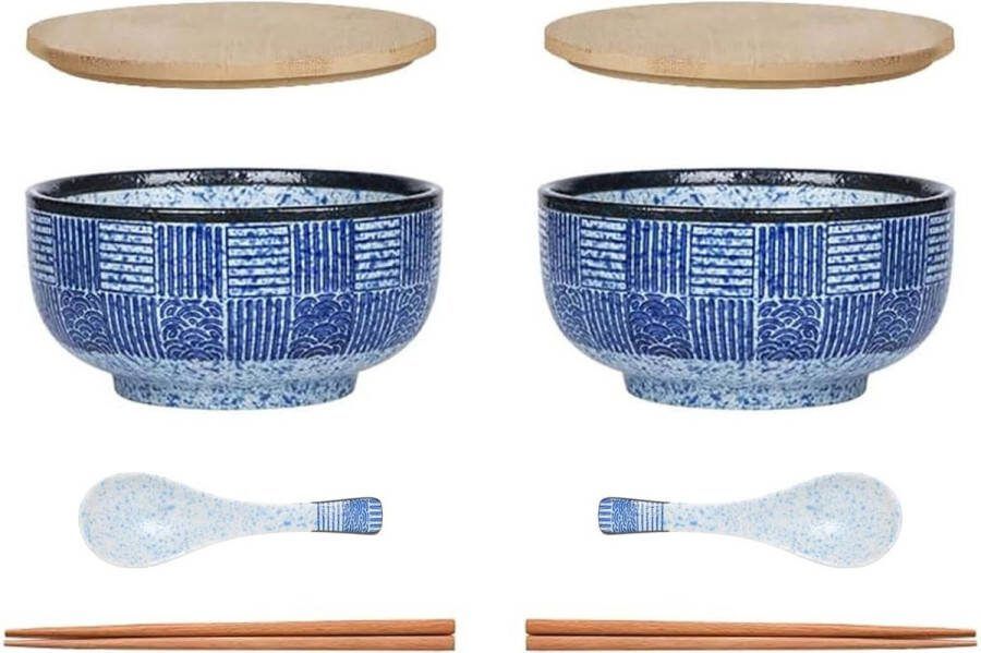 Grote Soepkom met Deksel en Lepel Japanse Ramen Bowl Keramische Salade Kommen Instant Noodle Bowl 900 ml Set van 2 Kommenset