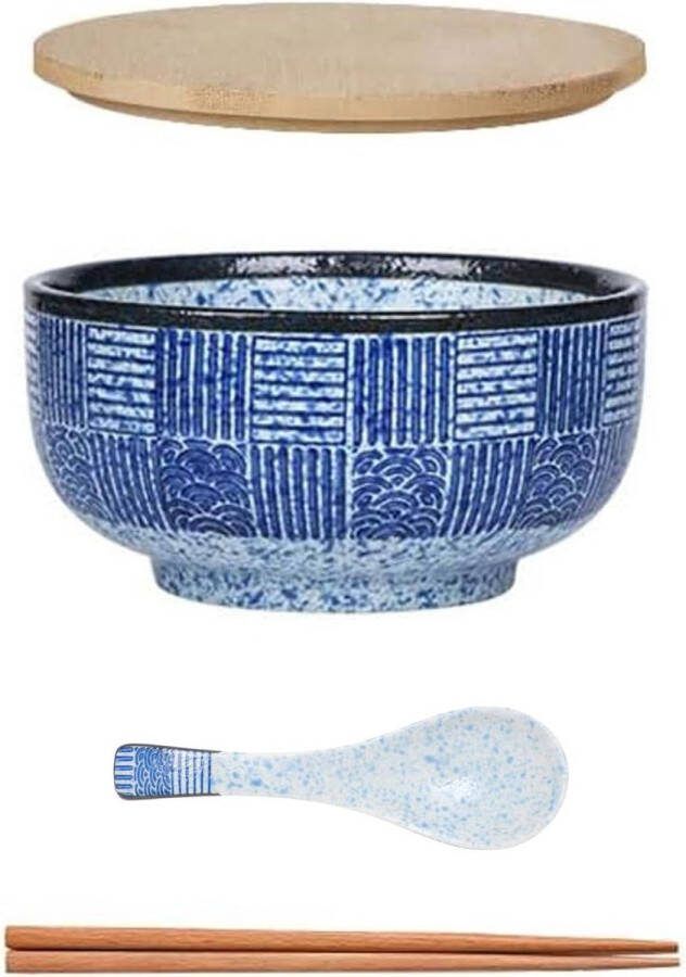 Grote Soepkom met Deksel Lepel Vintage Keramische Ramen Bowl Saladekommen Japanse Ramen Noodle Bowl 900 ml