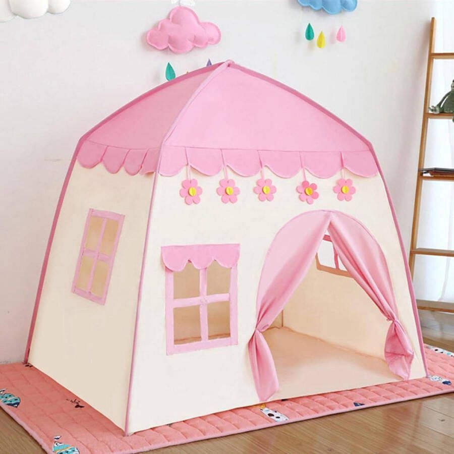 Grote speeltent voor kinderen kindertent voor binnen 130 x 100 x 130 cm meisjes prinses speelhuis binnen en buiten speelgoed roze