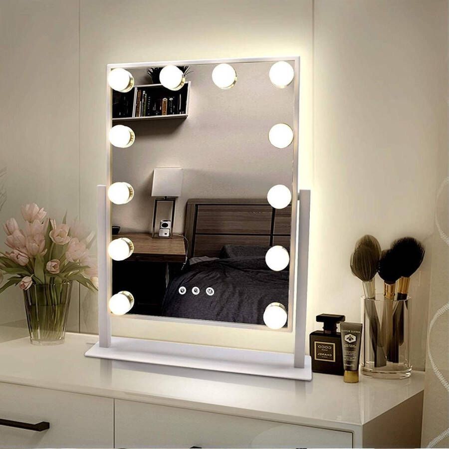 Grote verlichte ijdelheid spiegel Hollywood make-upspiegel met 3 kleuren licht & 12 dimbare led lampen Smart Touch Control Screen & 360 graden rotatie