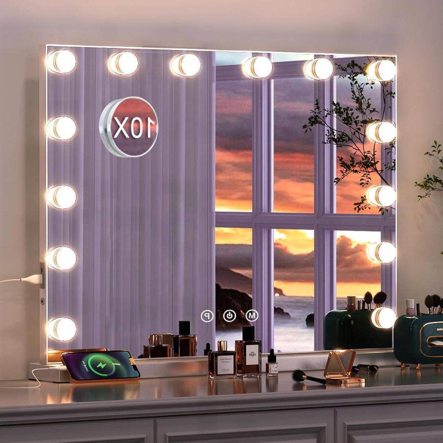 Grote Verlichte Makeup Spiegel 50 x 40 cm 14 LED Verlichting 3 Lichtstanden USB en 10x Vergrotende Spiegel Tafelmodel of Wandmontage Voor Slaapkamer