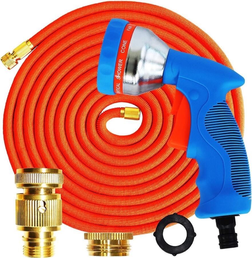 GRÜNTEK Flexibele tuinslangset KING COBRA tot 22 5 m 75 ft meerlagige latex met tuindouche 3 4' Quick-Fix adapter rekbaar tot 22 5m (messing-adapter) zonder slangwagen