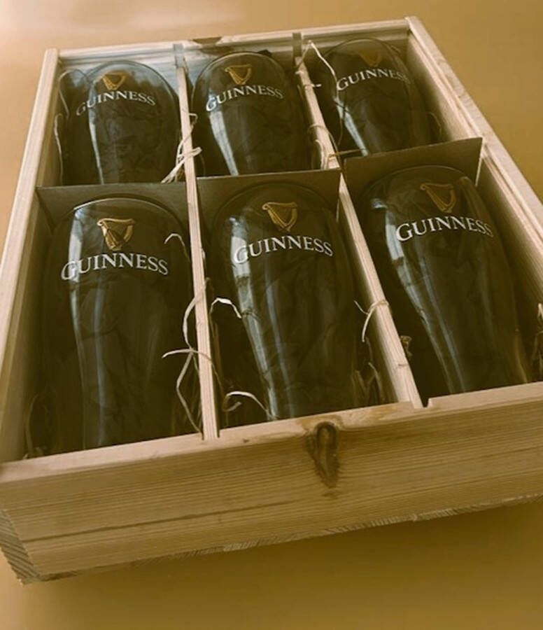 Guinness Imperial Stout Bierglazen 6 stuks Pint Luxe houten kist