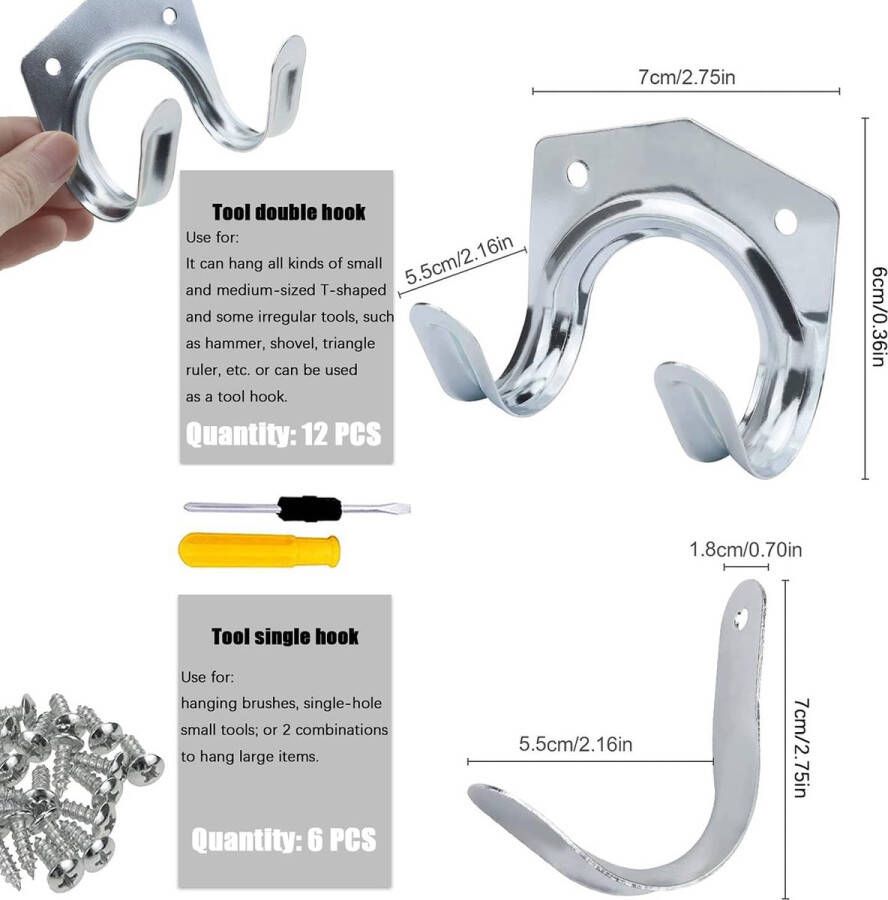GZcaiyun 18 stuks tuingereedschaphouder haken enkele haak dubbele haken gereedschapshouder voor garage tuin fietsschuur met 30 schroeven en schroevendraaier