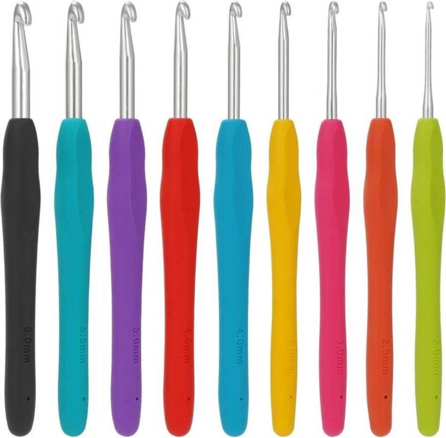 Haaknaalden Set met Aluminium Crochet Haken Naalden met Kleurrijke Ergonomische Rubberen Handvatten en opbergkist 9 St. (2 2.5 3 3.5 4 4.5 5 5.5 6mm)