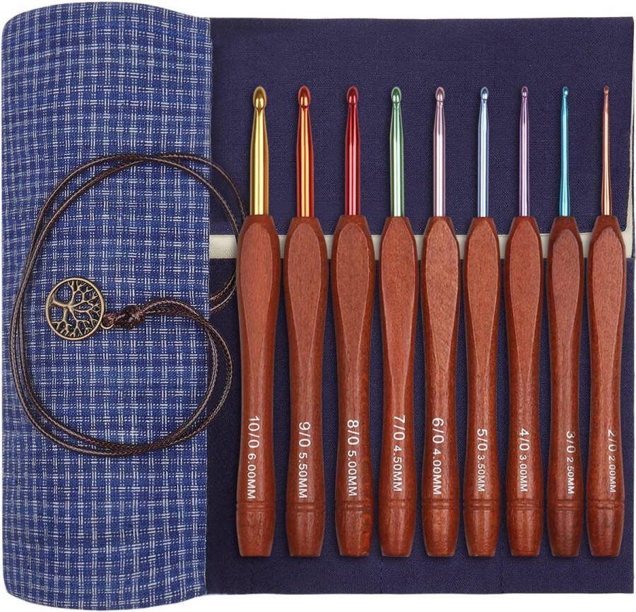 Haaknaaldenset met houten handvat 9 stuks ergonomische haaknaalden met mooie tas voor artritische handen 2 0-6 0 mm lichte beginners met kleurrijke aluminium haakkop voor beginners