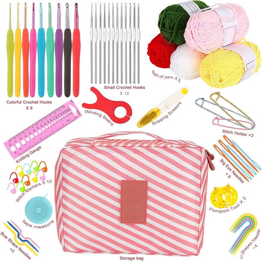 Haaknaaldenset met wol om te haken 58 stuks haakset voor beginners inclusief haaknaalden met zachte grip kleine maat haaknaalden haakaccessoires haakgaren draagbare tas