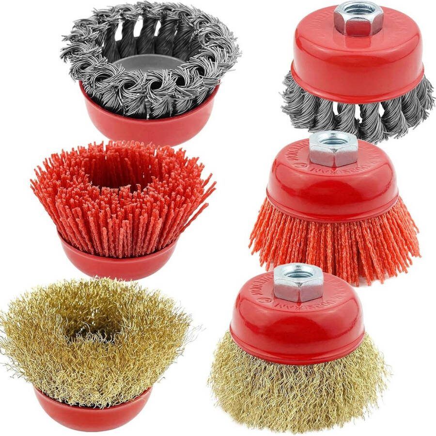Haakse slijper potborstel set 6 stuks 75 mm roest verwijderen metaal polijsten nylon staaldraad