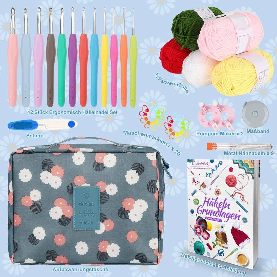 Haakset voor beginners blauwe bloem haaknaaldenset met 2 0-8 0 mm ergonomische haaknaalden met zachte grip haakgaren haakinstructies en accessoires haaktas haaknaaldenset voor beginners
