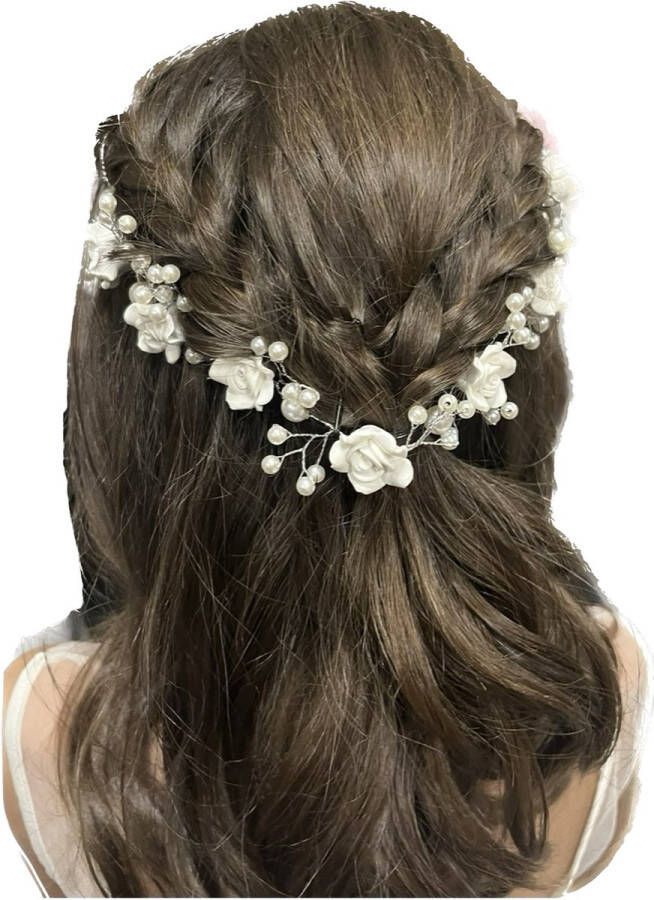 Haarband diadeem-bloemenkroon-handgemaakte haaraccessoires-wit zilver-bloemetjes-parels-bruiloft-bruidsmeisje-communie -lentefeest-fotoshoot-verjaardag