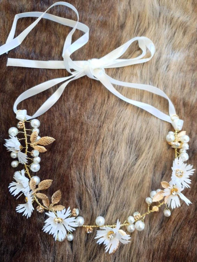 Merkloos Sans marque haarband gouden diadeem-bloemenkroon-handgemaakte haaraccessoires-wit goud-bruiloft-bruidsmeisje-communie -lentefeest-fotoshoot-verjaardag
