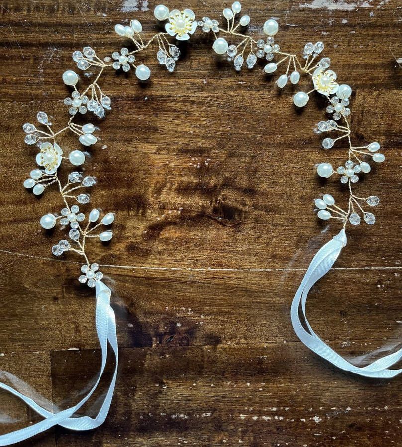 Merkloos Sans marque haarband gouden haarsieraad-bloemenkroon- haaraccessoires met bloemetjes en ivoorkleurige parels-handgemaakt-bruiloft-gala-bruidsmeid-bruidsmeisje-communie -lentefeest-fotoshoot-verjaardag