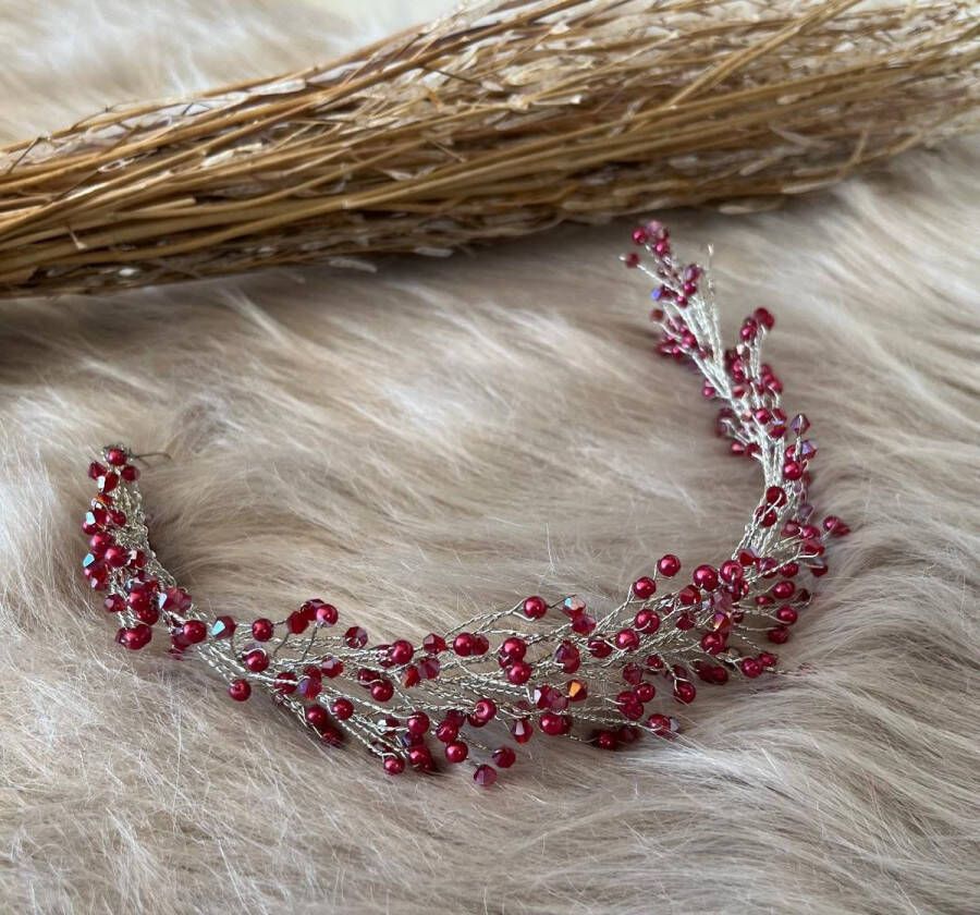 Haarband hoofdband- haarstreng-diadeem-handgemaakte bruidsaccessoires-steentjes kristallen-bruiloft-kerstmis-nieuwjaar-bruidsmeisje-trouwfeest-fotoshoot-rood bordeaux
