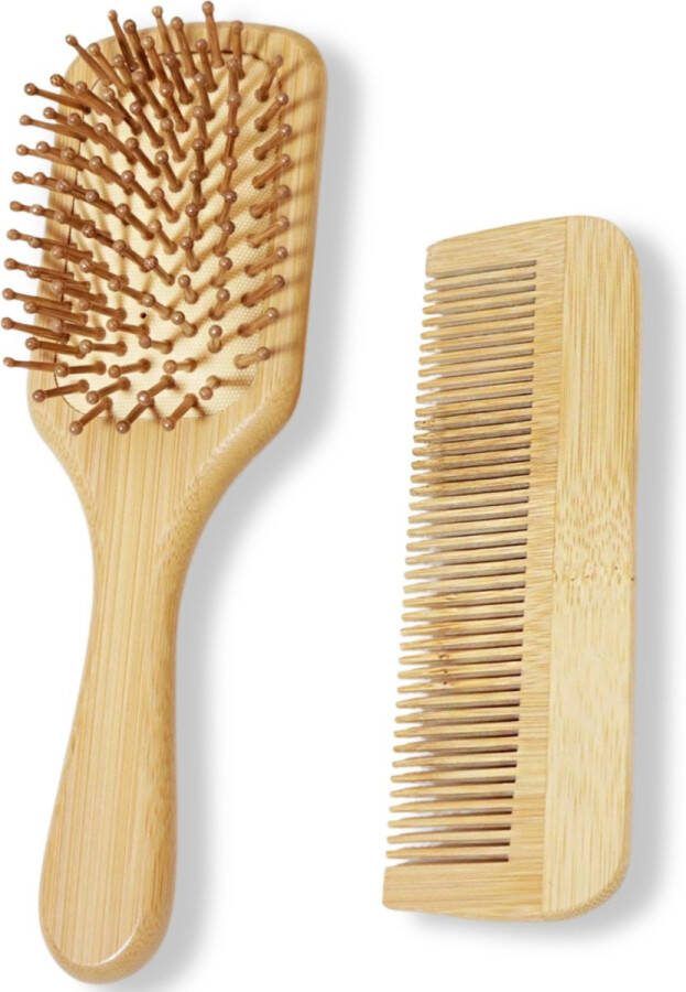 Haarborstel en Kam Bamboe Haarverzorgingsset Milieuvriendelijk & Duurzaam Voor Alle Haartypes Anti-Statisch & Ontwarrend Natuurlijke Houtkleur