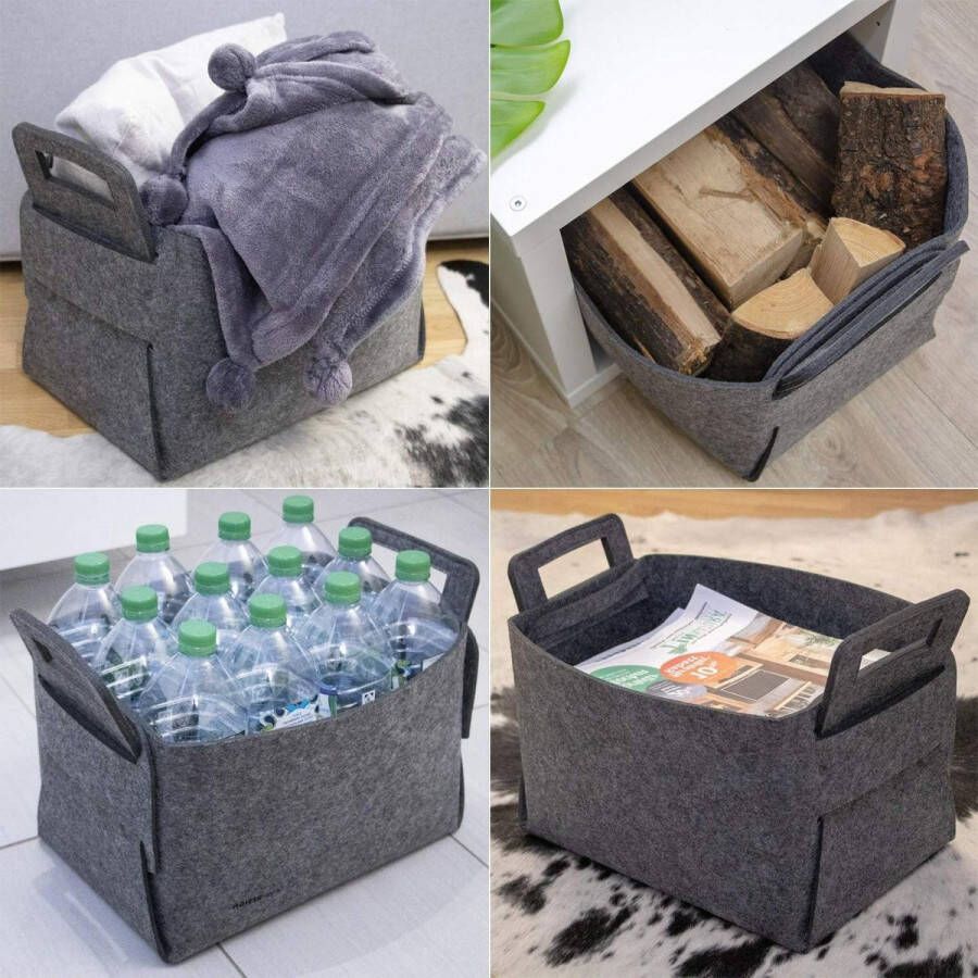 Haardhoutopslag Houtopberging 25L vilt bewaarmand 37x24x37 cm grijs vilten mand opbergmand