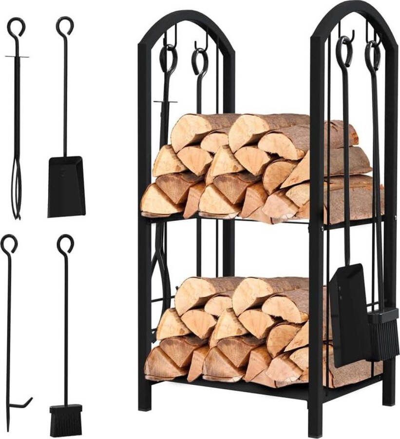 Haardhoutopslag Houtopberging 4 Haardbesteks Metalen Brandhoutrek Voor Binnen en Buiten 2 Planken Zwart 38 x 33 x 75 cm