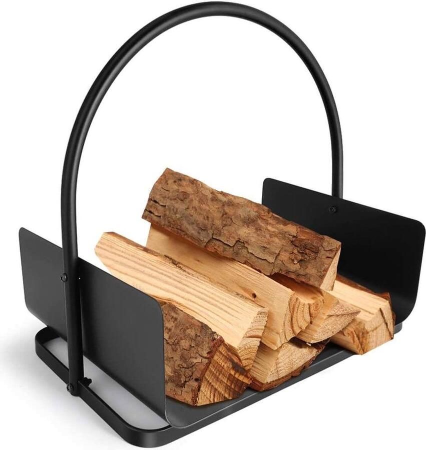 Haardhoutopslag Houtopberging Amagabeli Houtmand 45 x 30 x 43 cm Brandhoutmand Metalen vuurhoutmand Houten wieg Open haard Staal Handvat Draagmand Houtkachel Haardhoutschaal