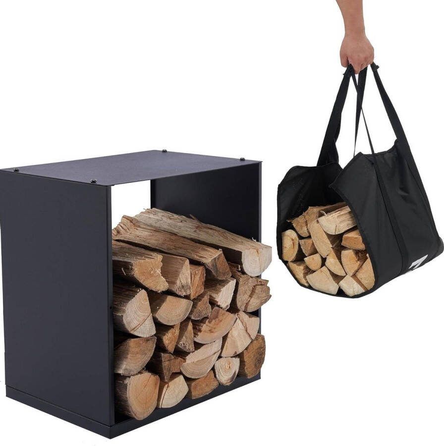 Haardhoutopslag Houtopberging Binnen en buiten brandhoutrek draagtas zwart metaal houtopslag haardhoutrek 40x28x40cm
