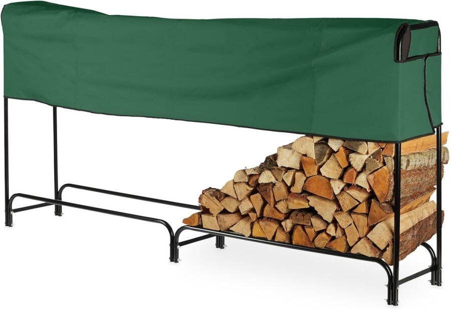 Haardhoutopslag Houtopberging brandhoutrek met hoes staal houtopslag binnen buiten 122x250x30 cm zwart groen