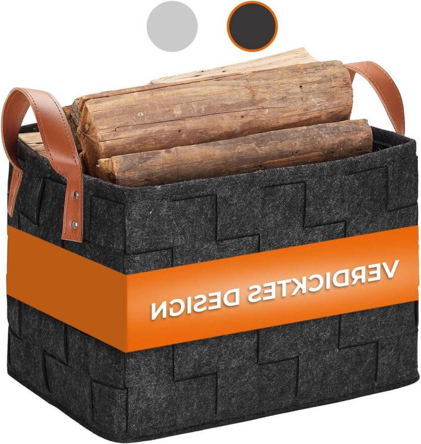 Haardhoutopslag Houtopberging Grote opvouwbare gevlochten houtmand met lederen handvat 40 x 30 x 30 cm donkergrijs