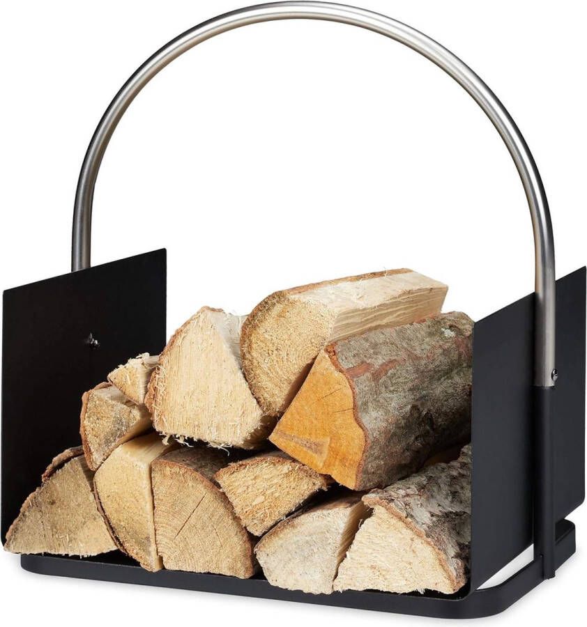 Haardhoutopslag Houtopberging Houtmand Metaal Vernikkelde Greep Zwart 43.5 x 40.5 x 30 cm