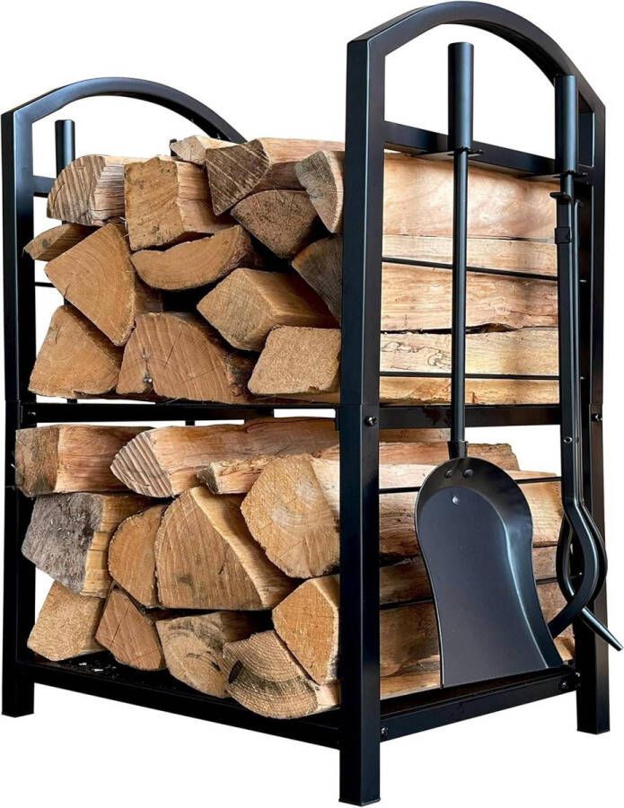 Haardhoutopslag Houtopberging Metalen haardhoutrek 45 x 30 x 74 cm haardhoutopslag binnen met schop tang borstel pookhaak