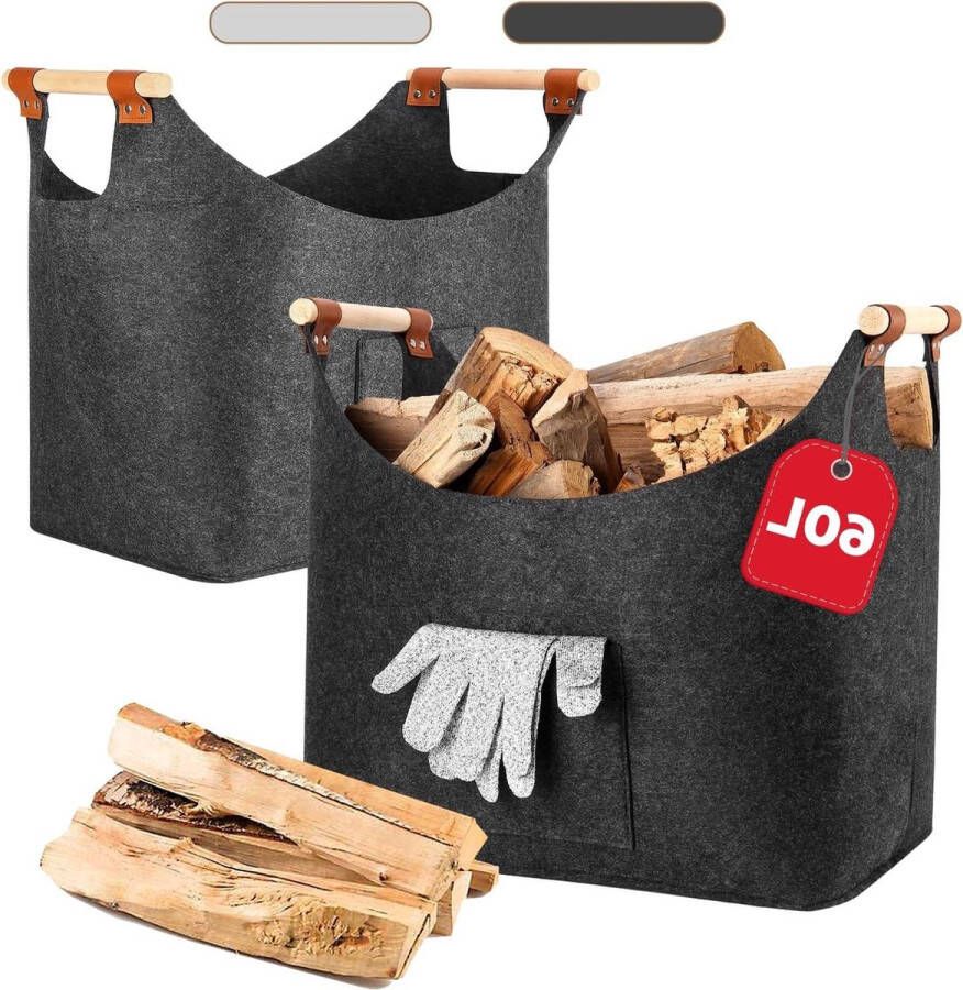 Haardhoutopslag Houtopberging Opbergtas Vilt Grijze Haardhoutmand 45 x 32 x 40 cm Vilten Shopper met Versterkte Greep