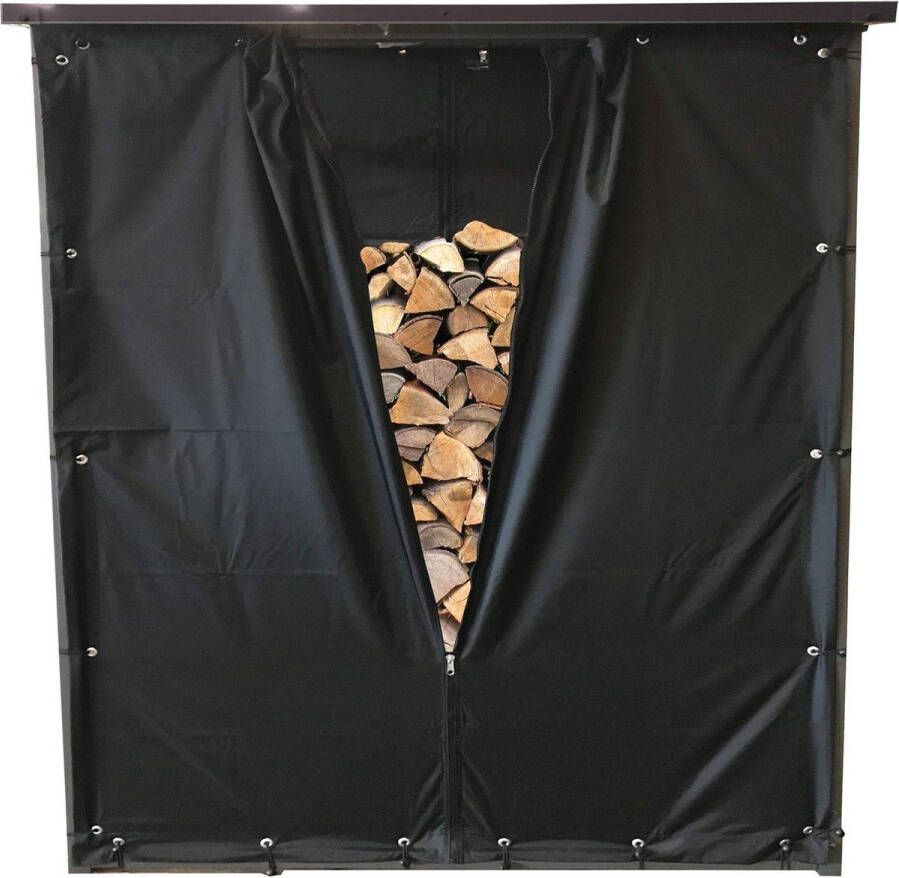 Haardhoutopslag Houtopberging PVC zwart weerbestendig gordijn set voor- en achterwand 145x70x145 cm