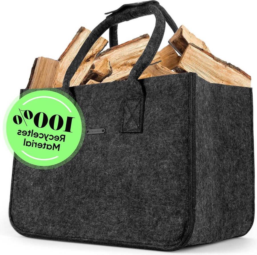 Haardhoutopslag Houtopberging Vilt tas voor haardhout groot 35 l volume 43 x 30 x 27 cm donkergrijs gratis hengselsluiting binnenzak opbergmand boodschappentas