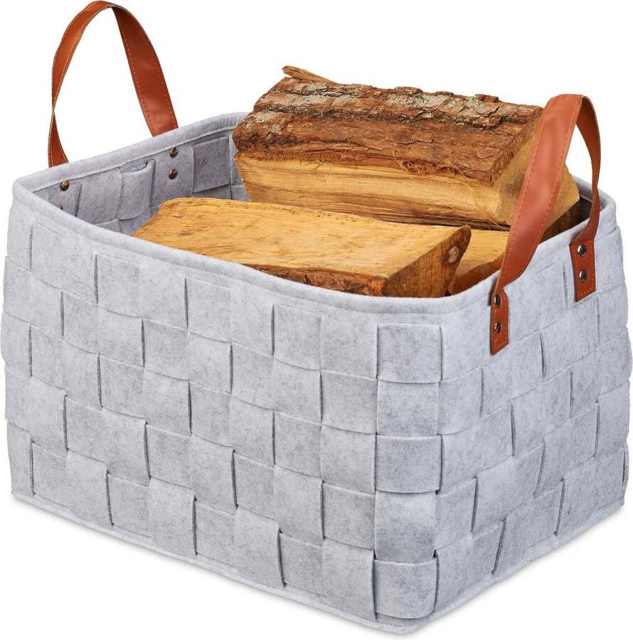 Haardhoutopslag Houtopberging Vilten mand opbergmand vilt opvouwbare houtmand vilttas met hengsels 26 x 40 x 30 cm lichtgrijs