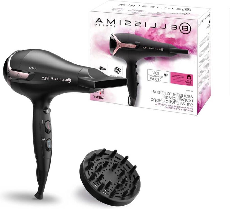 Haardroger Föhn Imetec K9 2300 droogt houdt haar kroeseffect 2300 W ionentechnologie 8 combinaties luchtstroom temperatuur inclusief diffuser