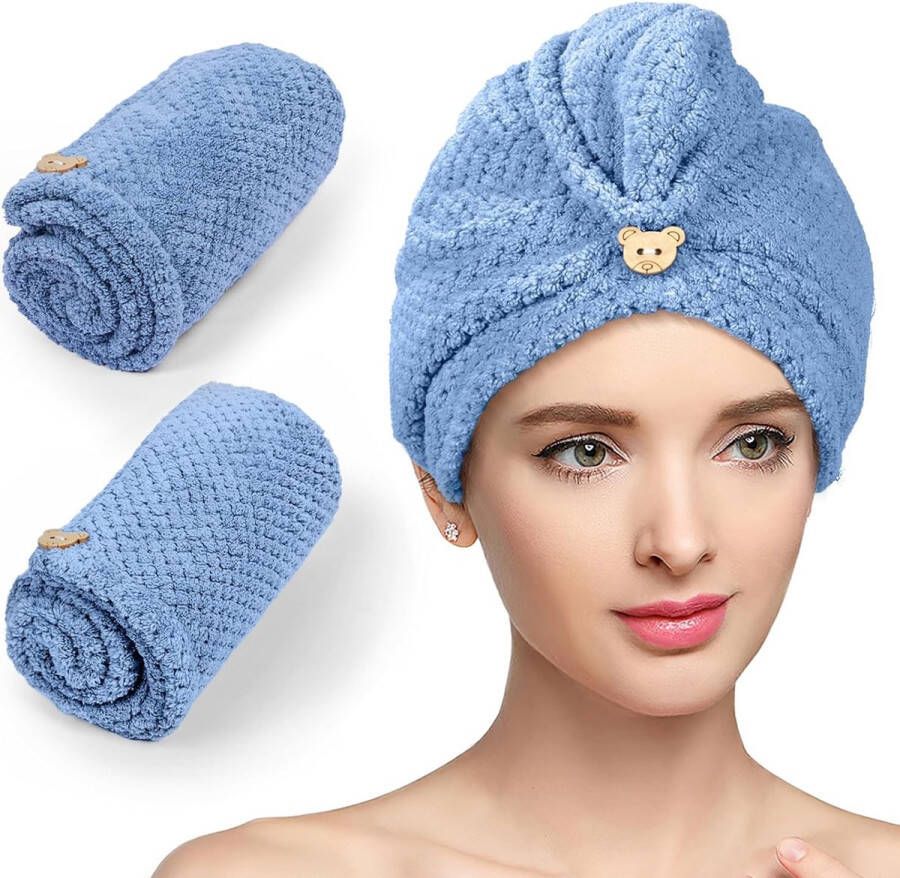 Haarhanddoek Microvezel Turbanhanddoek Absorberende en snel drogende haarhanddoek met knopen Pak van 2 Blauw