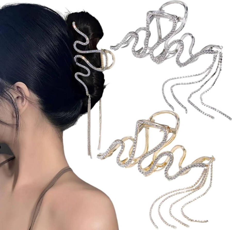 Haarklemmen 2x stuks strass kwastjes haarklemmen groot dik haar haarspelden dames grote metalen klauwclips haaraccessoires voor vrouwen en meisjes Zilver & Goud