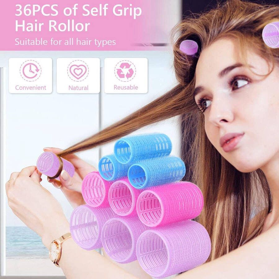 Haarrollers 36 Stuks Self Grip Hair Rollers en 12 Kunststof Eend Tanden Haarclips Kappers Krulspelden Krullen Haar Styling Tool voor Vrouwen Mannen en Kinderen