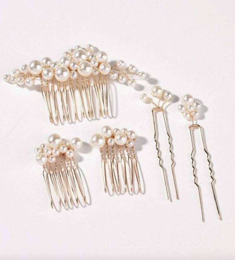 Haarsieraden van verschillende grootte op goudkleurige kam versierd met ivoorkleurige parels van verschillende grootte 5 stuks (huwelijk communie cosplay uitgaan Kpop kawaii)