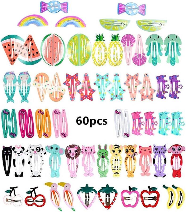 Haarspelden voor meisjes 60 stuks karikatuurontwerp fruit en dieren metalen print haarclips voor meisjes en kinderen willekeurige stijl