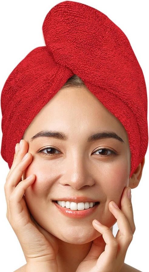 Haartulband 100% katoen premium kwaliteit haarhanddoek met knoop en elastisch sneldrogend hoofdhanddoek tulband super absorberend haarhanddoek tulband zonder microvezel (rood 1 stuks)