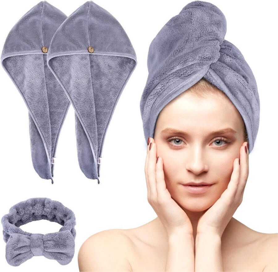 Haartulband 3 stuks tulbandhanddoek met knoop sneldrogende haarhanddoek voor vrouwen microvezel handdoek voor hoofd en lang haar (grijs 2 bandana's + 1 hoofdband)