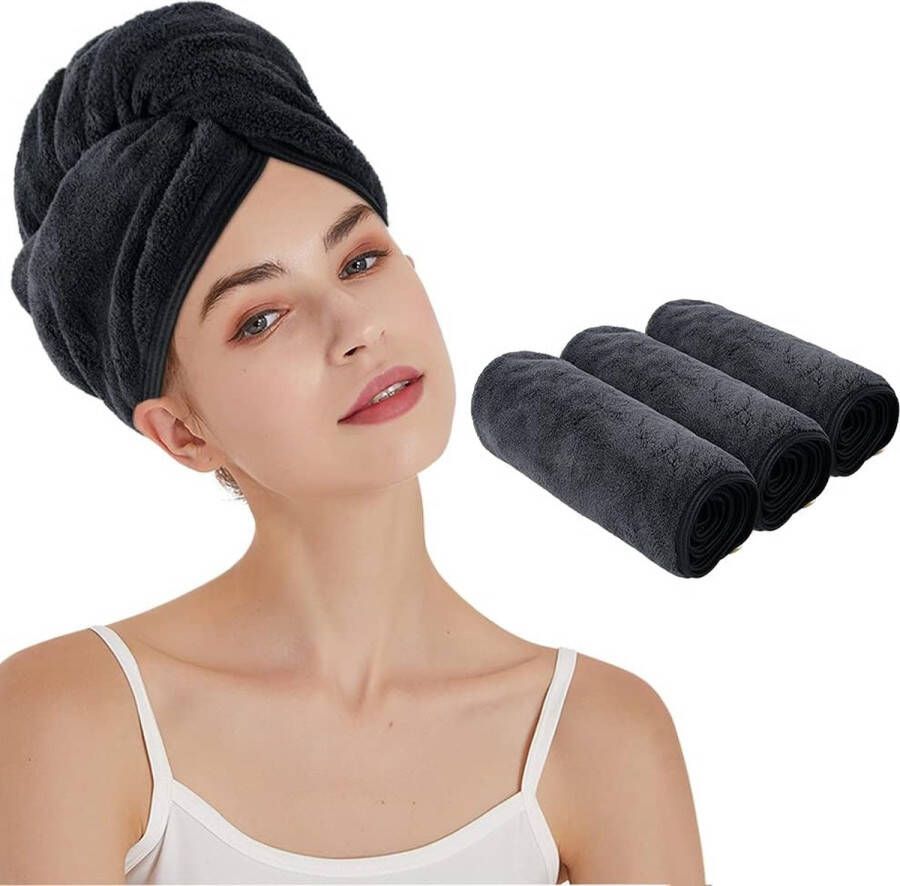 Haartulband microvezel handdoek haar tulband handdoek met knoop haartulband sneldrogend haarhanddoek voor lang haar en alle haartypes super absorberend en zacht 25 cm x 65 cm 3 stuks zwart