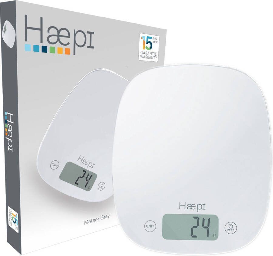 Haepi Elektronische keukenweegschaal van hoogprecisie glas 5000g 1g tarrafunctie vloeistoffunctie modern en afgerond ontwerp groot scherm en grote cijfers batterijen inbegrepen 15 jaar garantie