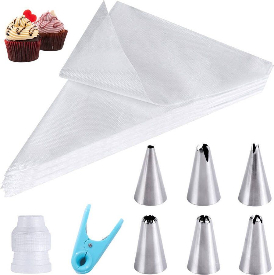 HAKACC Wegwerpspuitzakken 100 stuks spuitzakken set piping bags + 6 spuitmonden + 1 taartkoppeling voor bakaccessoires taartdecoratie cupcakes