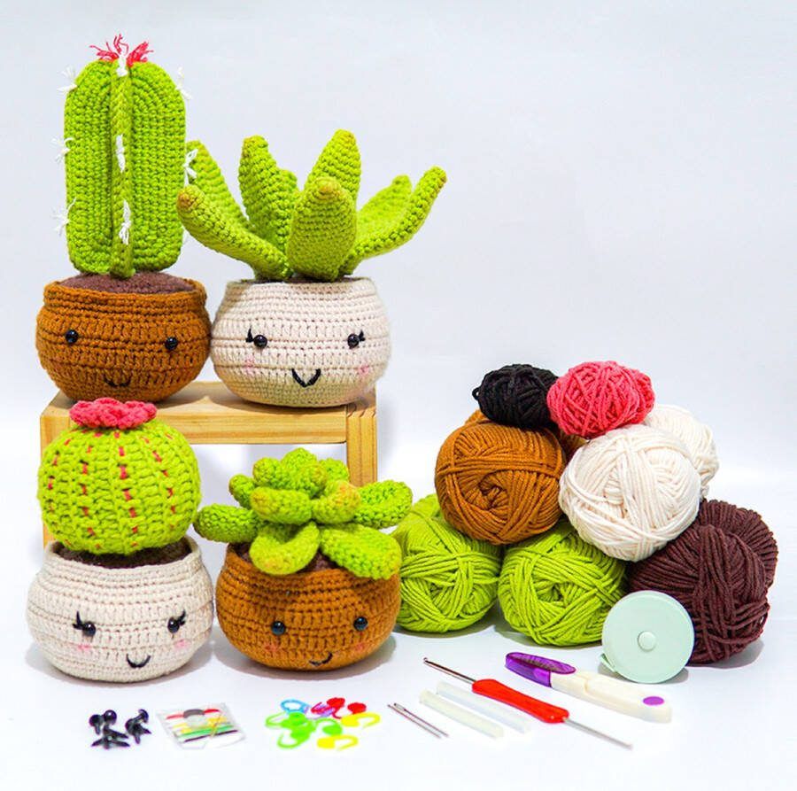 Haken voor beginners Alles-in-één haakset Cactus potplant Haakpakket Het beste cadeautje Nieuw video-instructie set van 4 stuks