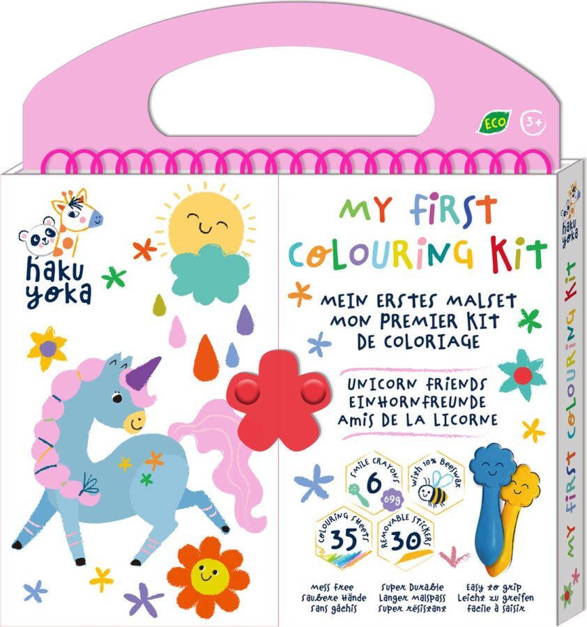 Haku Yoka: MIJN EERSTE KLEURKIT EENHOORNVRIENDEN 20 5x24x2cm bevat 6 waskrijtjes met lachend gezichtje 35 kleurvellen en afneembare stickers bevat 10% bijenwas 3+
