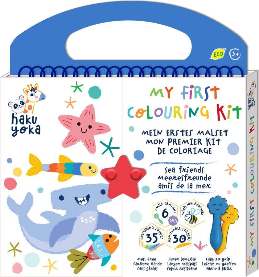 Haku Yoka: MIJN EERSTE KLEURKIT ZEEDIERVRIENDEN 20 5x24x2cm bevat 6 waskrijtjes met lachend gezichtje 35 kleurvellen en afneembare stickers bevat 10% bijenwas 3+