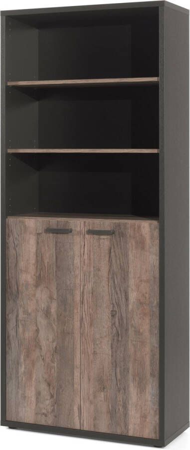 Halfopen kantoorkast Roland Zwart Vintage Breedte 90 cm Hoogte 216 cm Diepte 40 cm Met planken Met openslaande deuren