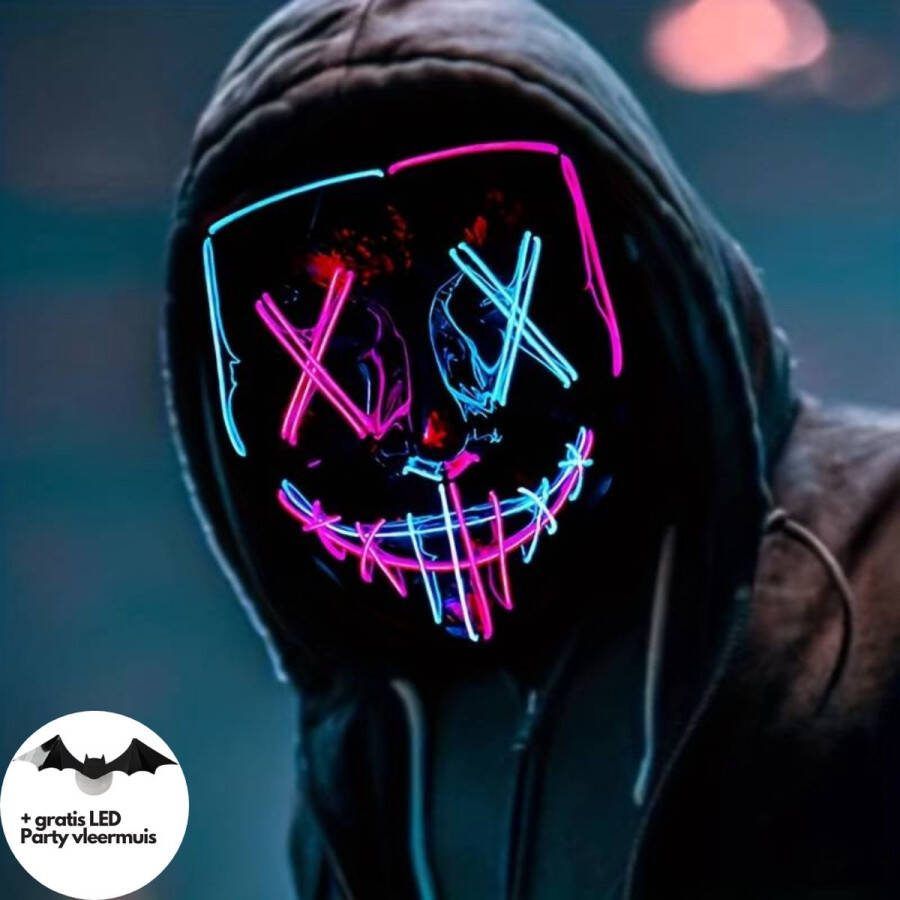 Halloween LED Masker Purge Blauw Paars + Gratis LED Party vleermuis